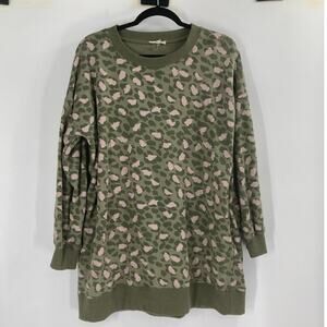 Easel Olive Green Pink Animal Print Tunic Pocket Sweatshirt Crewneck Womens S